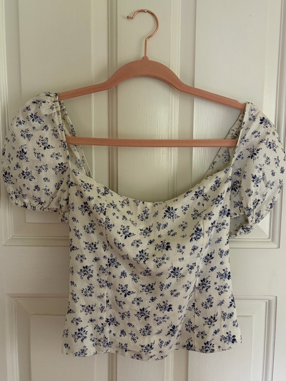 Reformation White Floral Puff Sleeve Square Neck Crop Top